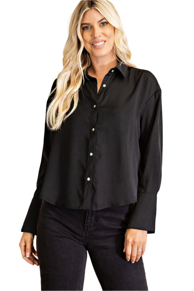 bell sleeve dress shirt Glam Black Button Front Shirt with Cuffed Bell Sleeves Large / Black