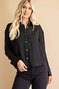 Glam Black Button Front Shirt with Cuffed Bell Sleeves