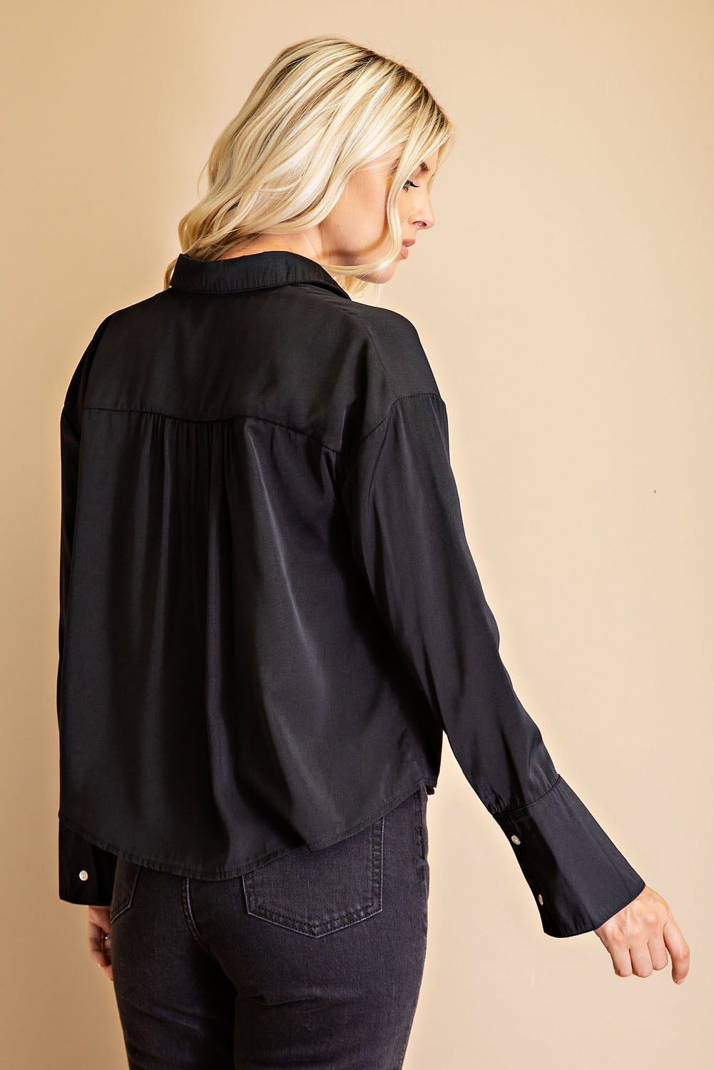 Glam Black Button Front Shirt with Cuffed Bell Sleeves