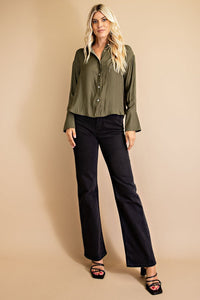 Glam Olive Button Front Shirt with Cuffed Bell Sleeves